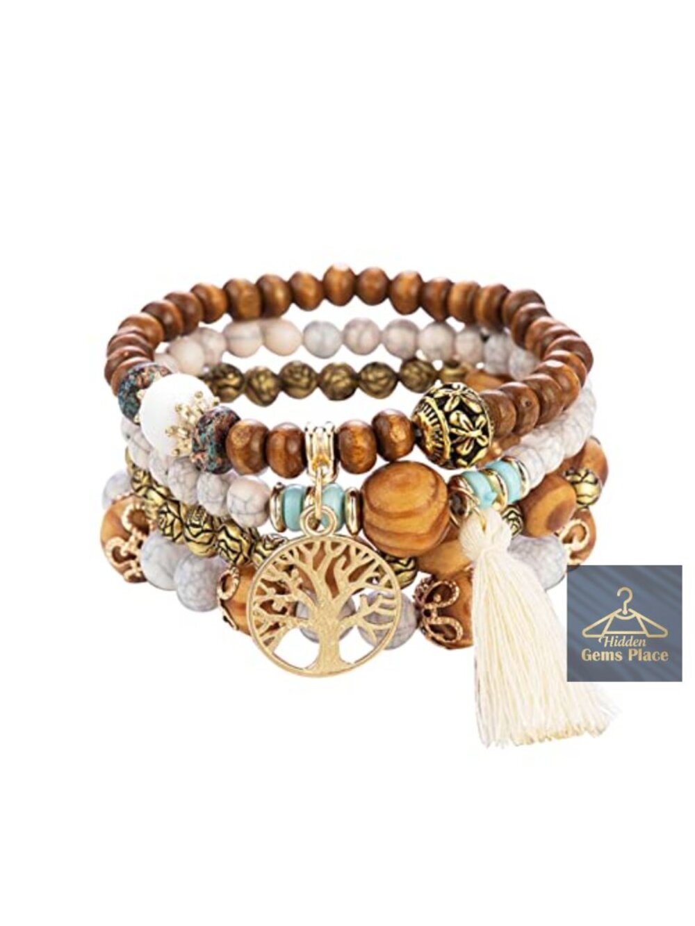 Bohemian Stretch Wood Beaded Bracelets Multilayer Stackable Tassel Bracelet for